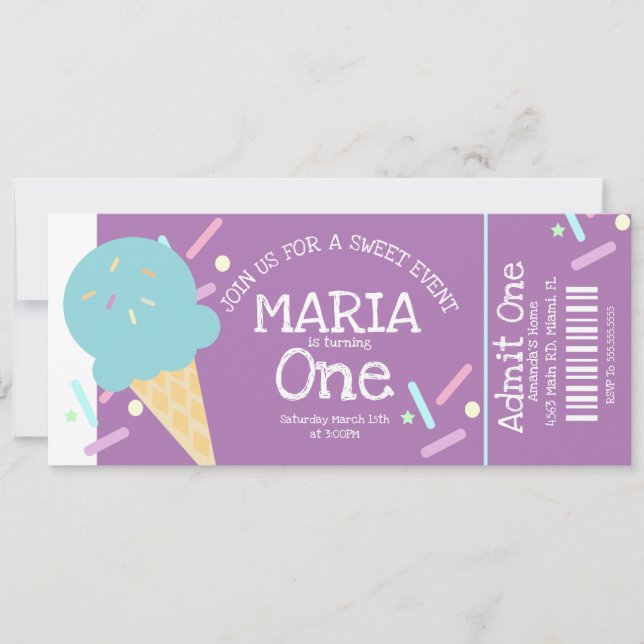 Invitación Dulces Sprinkles de Helado Cumpleaños Ticket Fiest (Anverso)