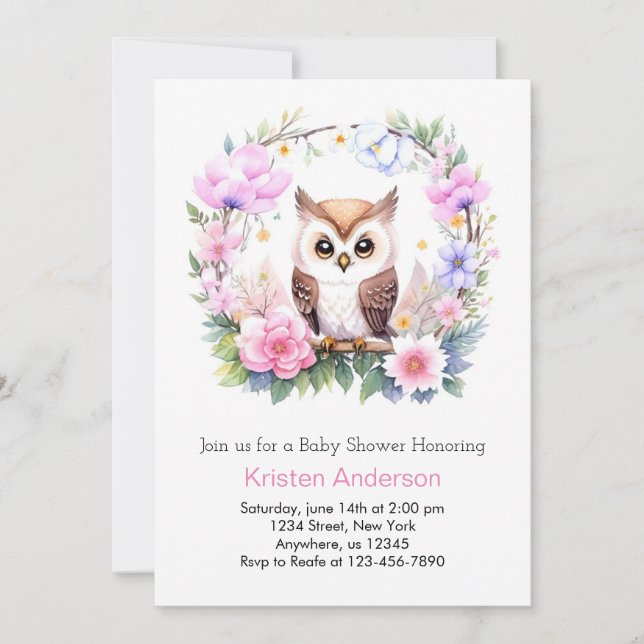 Invitación Dulces Sueños de Niña con Búho Floral Rosa Fiesta  (Anverso)