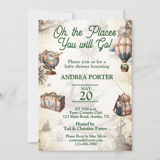 Invitación Dulces Sueños Fiesta de Baby Shower Tema de Viaje (Anverso)