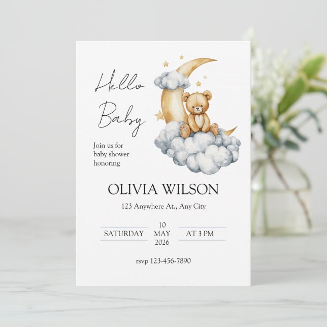 Invitación Dulces Sueños Osito en la Luna (Anverso de pie)