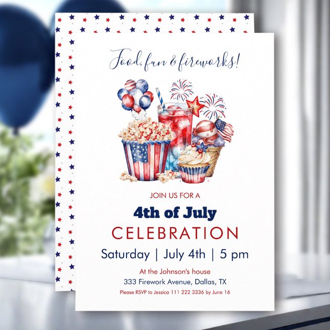 Invitación Dulces y fuegos artificiales 4 de julio Fiesta Pat (Sweets & Fireworks 4th of July Patriotic Party Invitation)