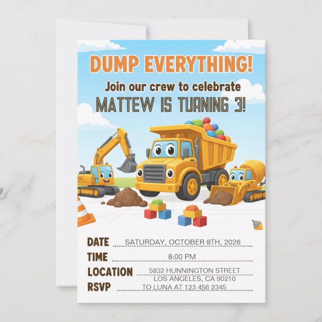 Invitación Dump Everything Construction Dump Truck Birthday (Anverso)