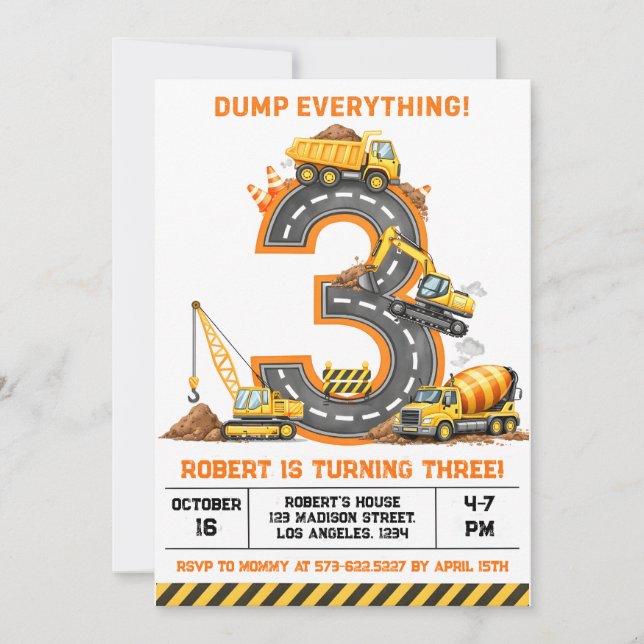 Invitación Dump Everything Construction Truck 3rd Birthday (Anverso)
