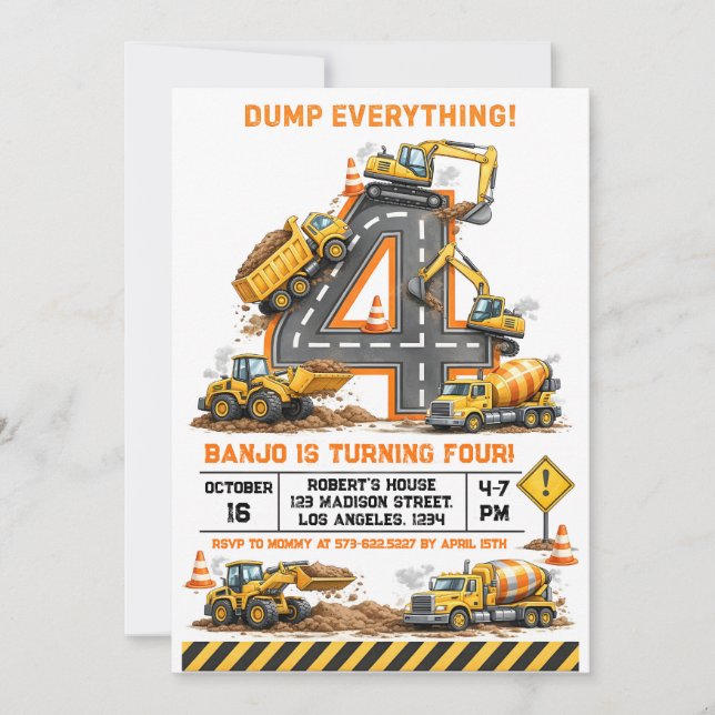 Invitación Dump Everything Construction Truck 4th Birthday (Anverso)