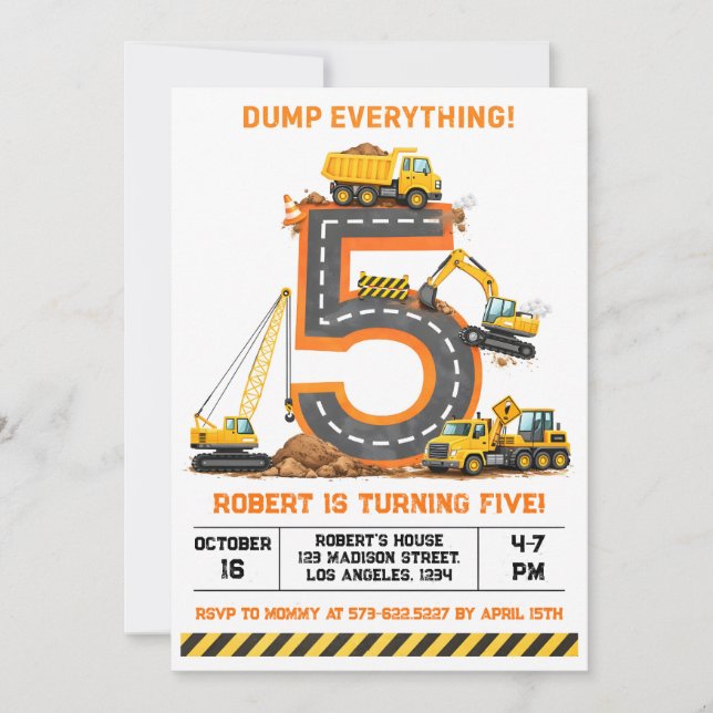 Invitación Dump Everything Construction Truck 5th Birthday (Anverso)