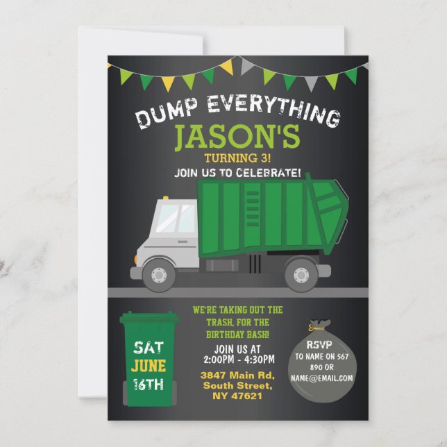 Invitación Dump Everything Divertido Rubbish Truck Cumpleaños (Anverso)