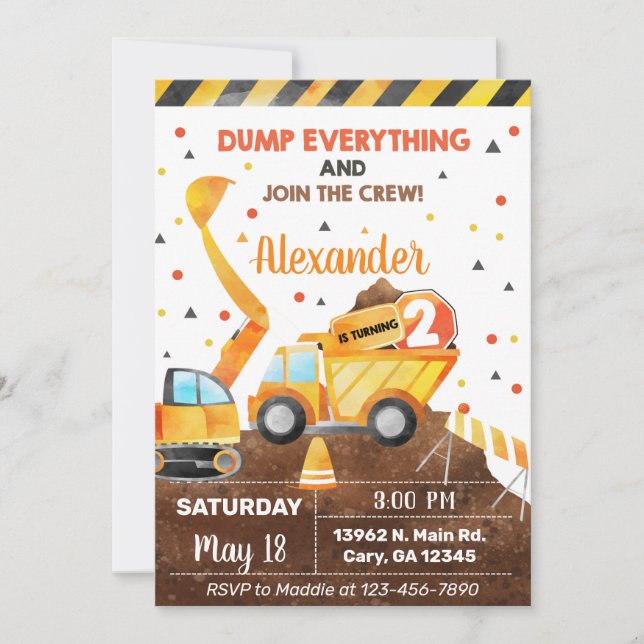 Invitación Dump everything, truck boy birthday inv (Anverso)