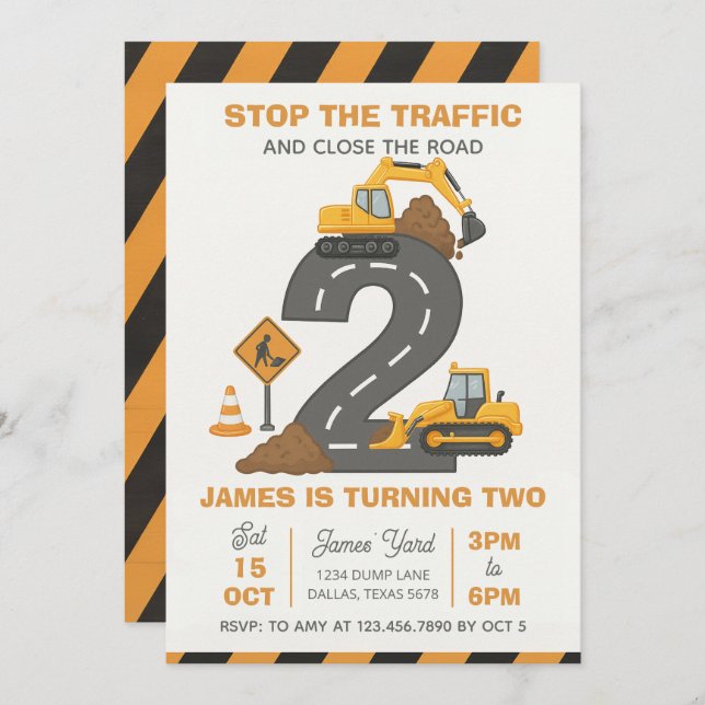 Invitación Dump Truck Construction 2nd Birthday (Anverso / Reverso)