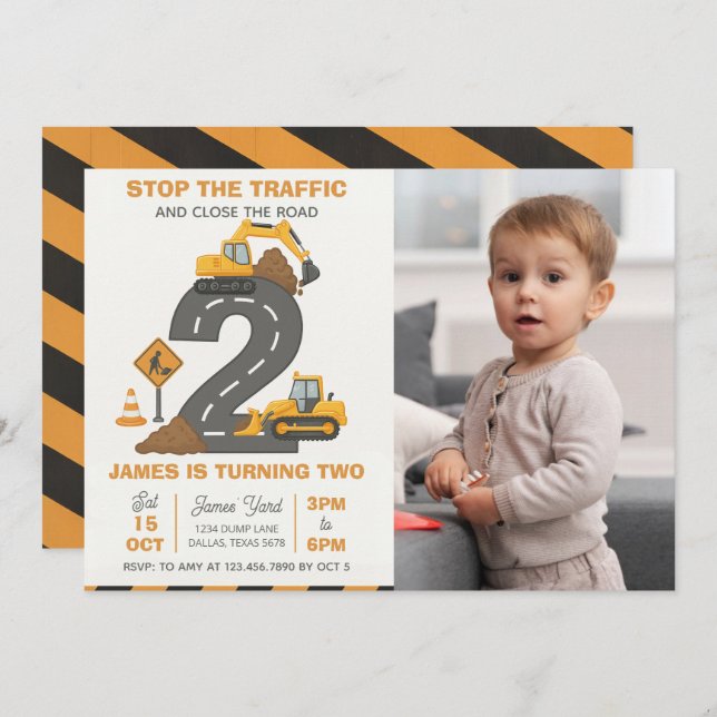 Invitación Dump Truck Construction 2nd Birthday Photo (Anverso / Reverso)