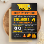 Invitación Dump Truck Construction Birthday Party Invitation<br><div class="desc">Amaze your guests with this cool construction birthday party invite featuring a dump truck and cute construction elements with modern typography against a chalkboard background. Simply add your event details on this easy-to-use template to make it a one-of-a-kind invitation. Flip the card over to reveal a vibrant yellow and black...</div>