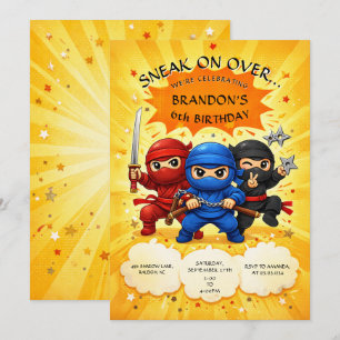 Invitación Dúo Colorido Lindo Ninja Cómic Cumpleaños Infantil