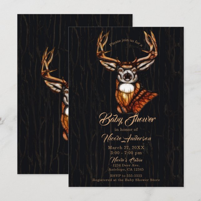 Invitación Dúo de ciervos de madera rústico baby shower campe (Anverso / Reverso)