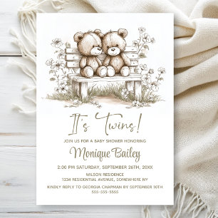 Invitación Dúo de Ositos de Peluche Rústicos para Baby Shower