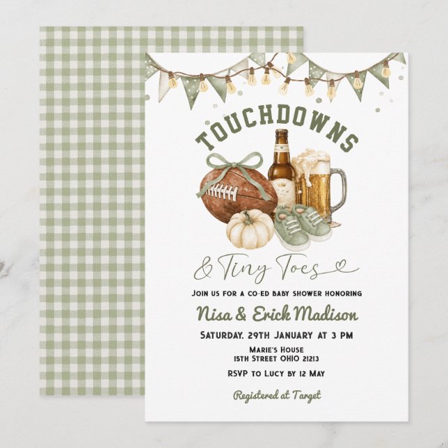 Invitación Dúos de touchdown y piececitos de bebé Fiesta de B (Anverso / Reverso)