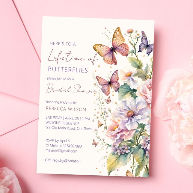 Invitación Duración de la ducha con flores de mariposas (Lifetime of Butterflies floral garden bridal shower Invitation template spring summer wild flowers)