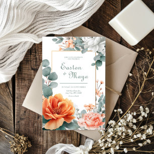 Invitación Durazno Naranja Peonía Eucalipto Marco Dorado