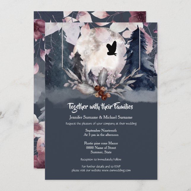 Invitación Dusky azul acuarela búho luna oscura (Anverso / Reverso)