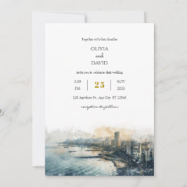 Invitación Dusky Blue Coastal Skyline City View Beach Wedding