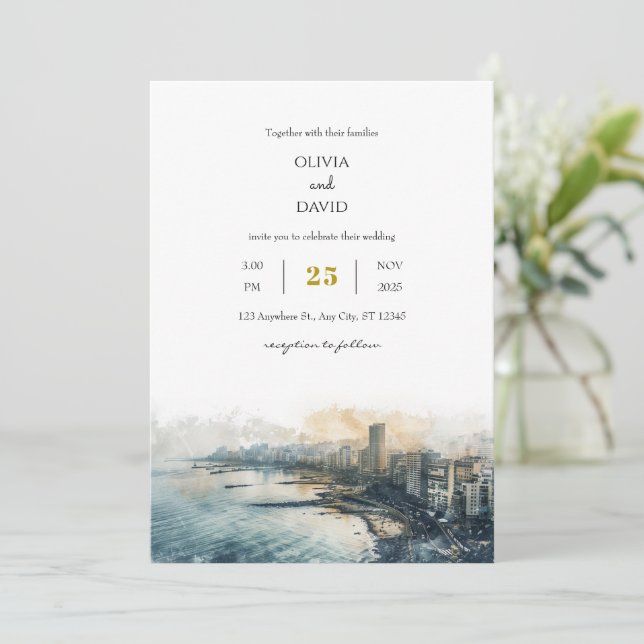 Invitación Dusky Blue Coastal Skyline City View Beach Wedding (Anverso de pie)