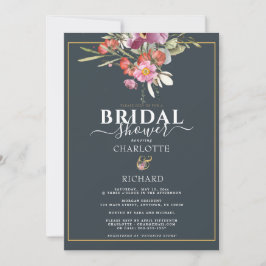 Invitación Dusky Blue, ducha de novia dorada con flores rosad