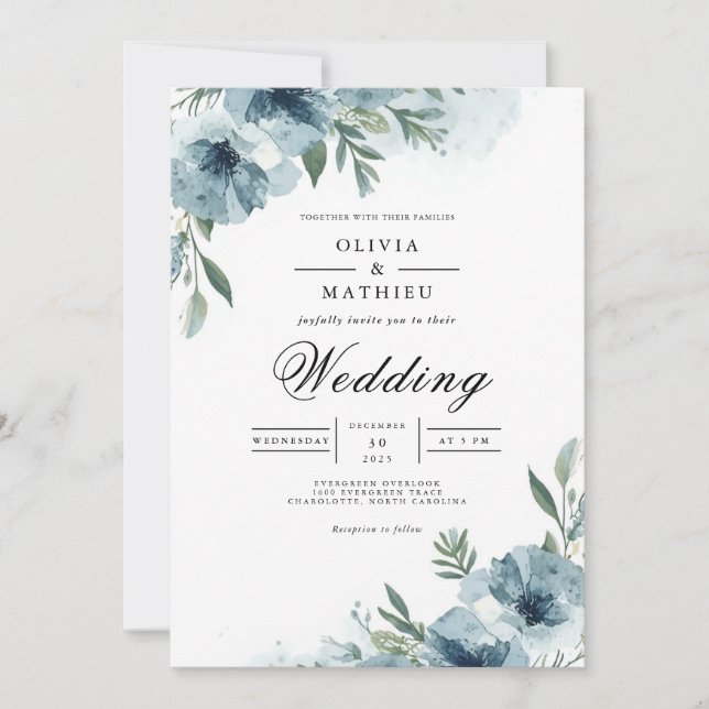 Invitación Dusky Blue Floral Swirl Wedding (Anverso)