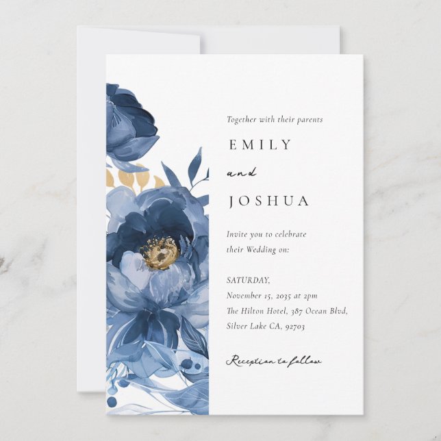 Invitación Dusky Blue Gold Floral todo en un Boda (Anverso)