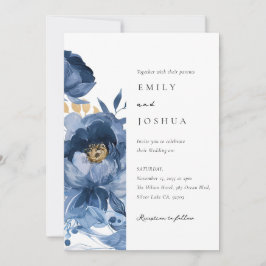 Invitación Dusky Blue Gold Floral todo en un Boda