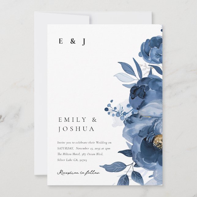 Invitación Dusky Blue Gold Floral todo en un Boda (Anverso)