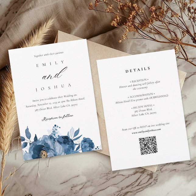 Invitación Dusky Blue Gold Floral todo en un Boda (Subido por el creador)