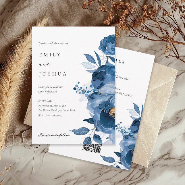 Invitación Dusky Blue Gold Floral todo en un Boda (Subido por el creador)