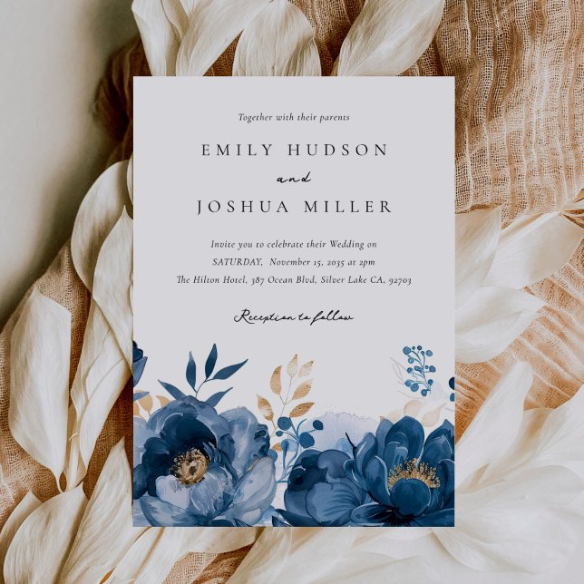 Invitación Dusky Blue Gold Floral todo en un Boda (Subido por el creador)