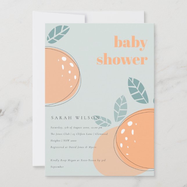 Invitación Dusky Blue Naranja Fruity Bold Baby Shower (Anverso)