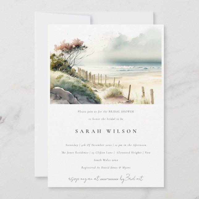 Invitación Dusky Coastal Sand Beach Seascape Bridal Shower (Anverso)