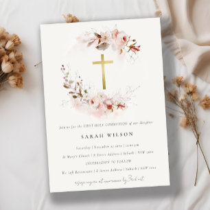 Invitación Dusky Fall Marsala Floral Primera Santa Comunión
