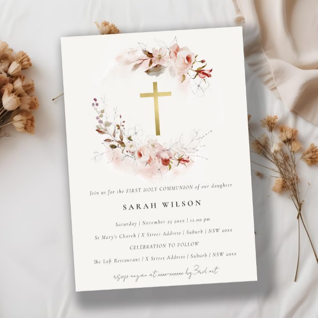 Invitación Dusky Fall Marsala Floral Primera Santa Comunión (Subido por el creador)