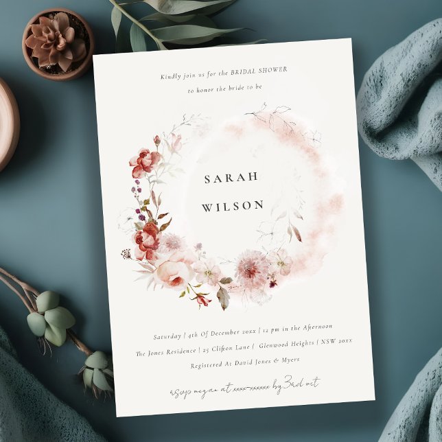 Invitación Dusky Fall Marsala Floral Wreath Brillante Ducha (Subido por el creador)
