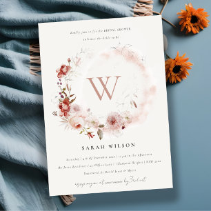 Invitación Dusky Fall Marsala Monograma Floral Ducha de novia