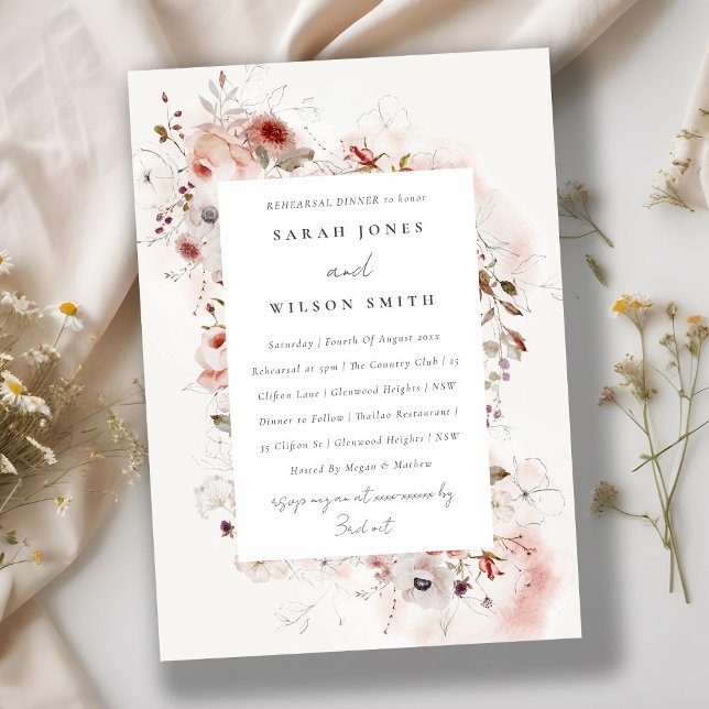 Invitación Dusky Fall Marsala Rubor Ensayo Floral Cena (Subido por el creador)