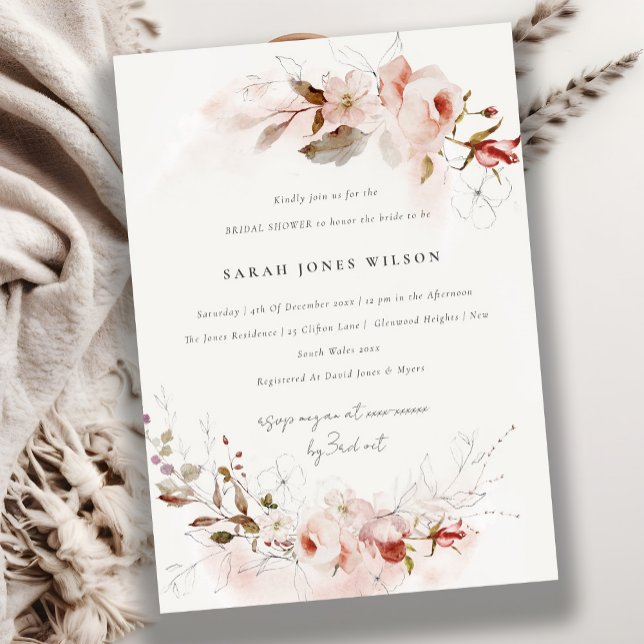 Invitación Dusky Fall Marsala Rubor Floral Bridal Shower (Subido por el creador)