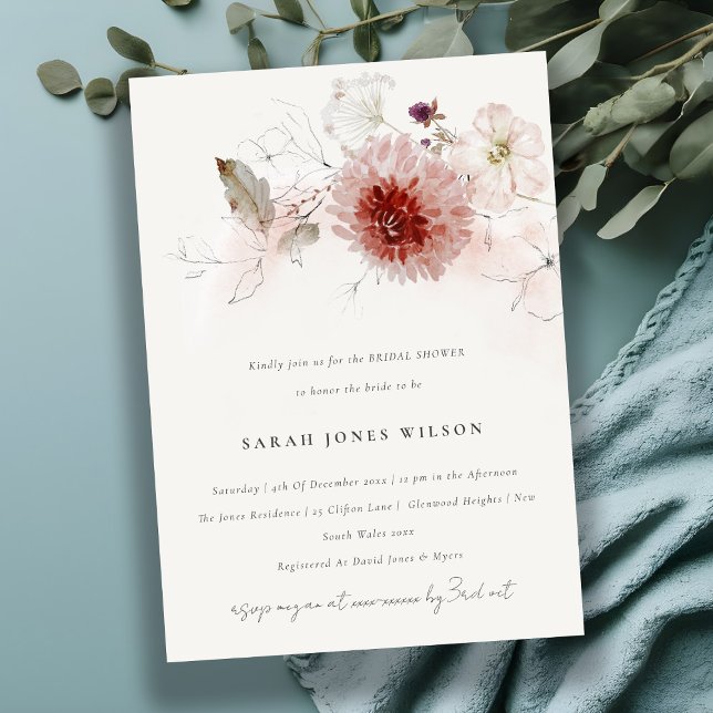 Invitación Dusky Fall Marsala Rubor Floral Bridal Shower (Subido por el creador)
