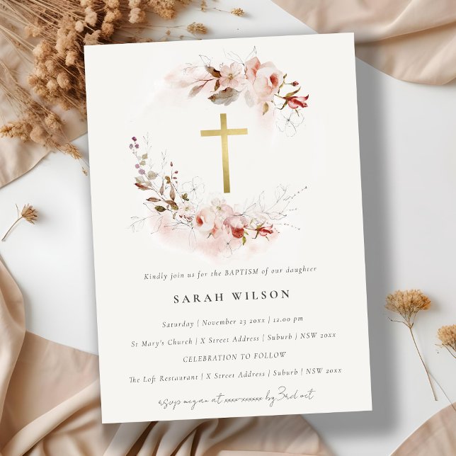 Invitación Dusky Fall Marsala Rubor Floral Cross Baptism (Subido por el creador)