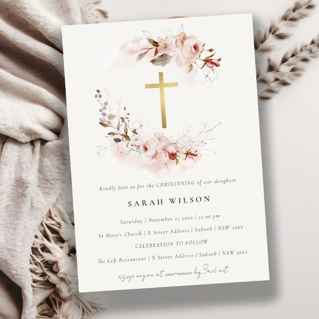 Invitación Dusky Fall Marsala Rubor Floral Cross Christening (Subido por el creador)