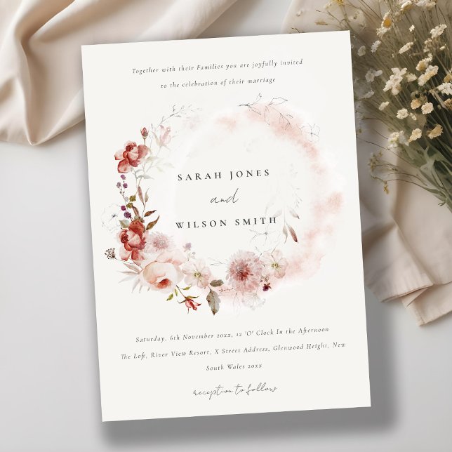 Invitación Dusky Fall Marsala Rubor Floral Wreath Boda (Subido por el creador)