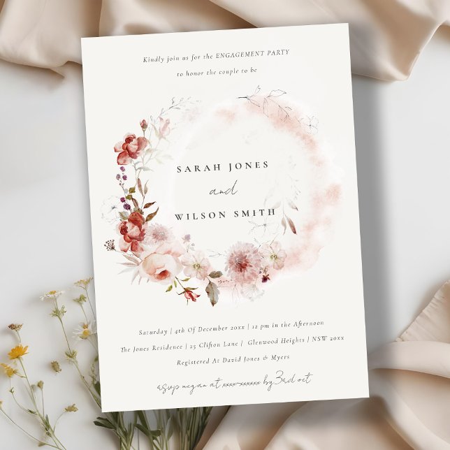 Invitación Dusky Fall Marsala Rubor Floral Wreath Engagement (Subido por el creador)