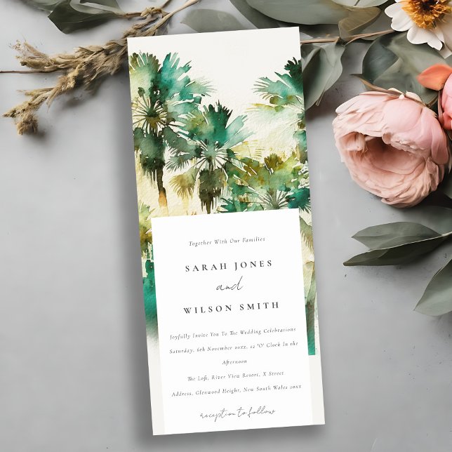 Invitación Dusky Green Tropical Watercolor Palm Trees Boda (Subido por el creador)