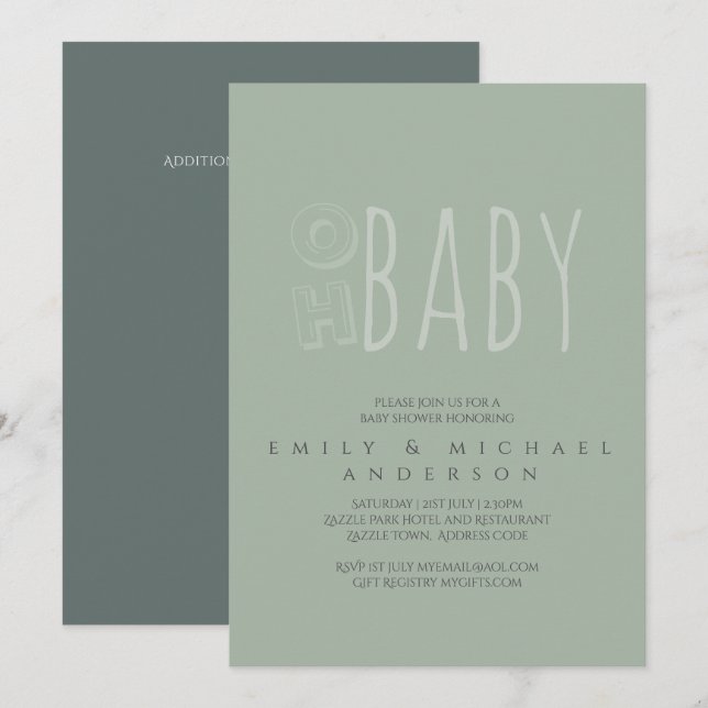 Invitación Dusky Green Typography Moderno Baby Shower (Anverso / Reverso)