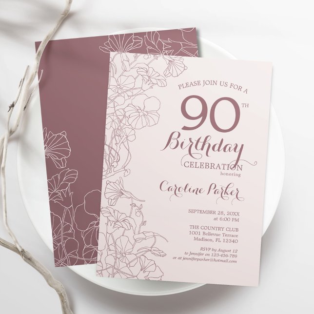 Invitación Dusky Pink Floral 90 cumpleaños (Subido por el creador)