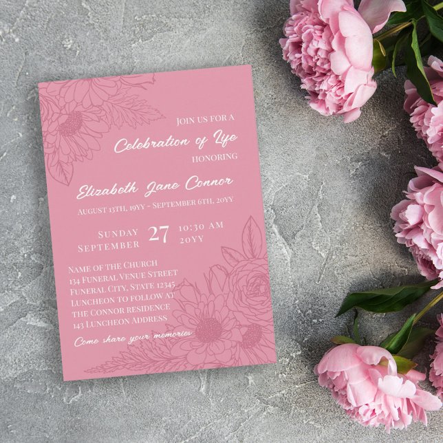 Invitación Dusky Rosa Daisies Line Art Celebration of Life (Subido por el creador)