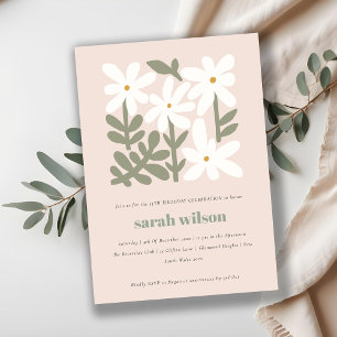 Invitación Dusky Rubor Retro Minimal Cumpleaños Floral