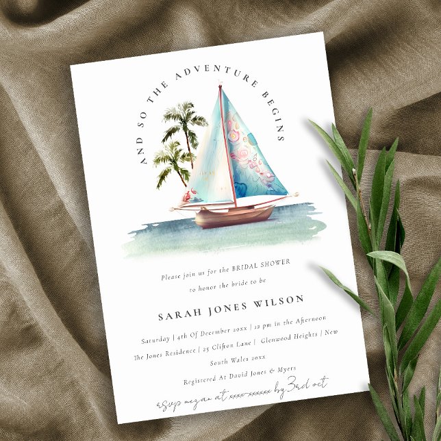 Invitación Dusky Verde azulado Sailboat Palm Seascape Bridal  (Subido por el creador)